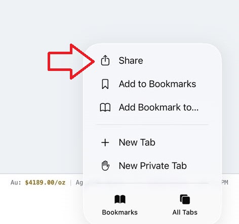 Safari menu with Share option highlighted