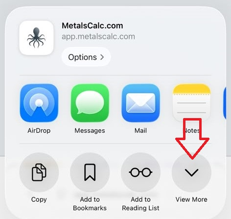 iOS share sheet with arrow pointing to View More