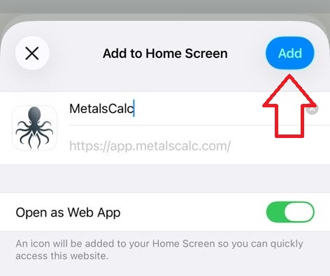Add to Home Screen confirmation with Add button highlighted