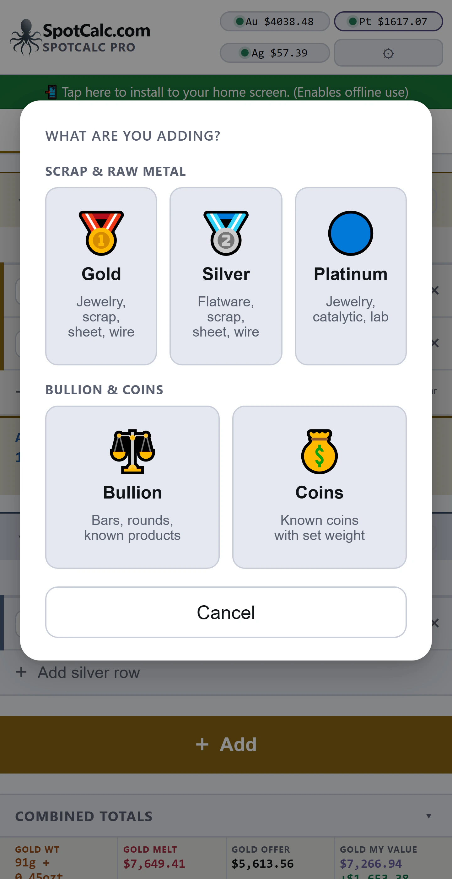 Add menu showing Gold, Silver, Platinum, Bullion and Coins choices