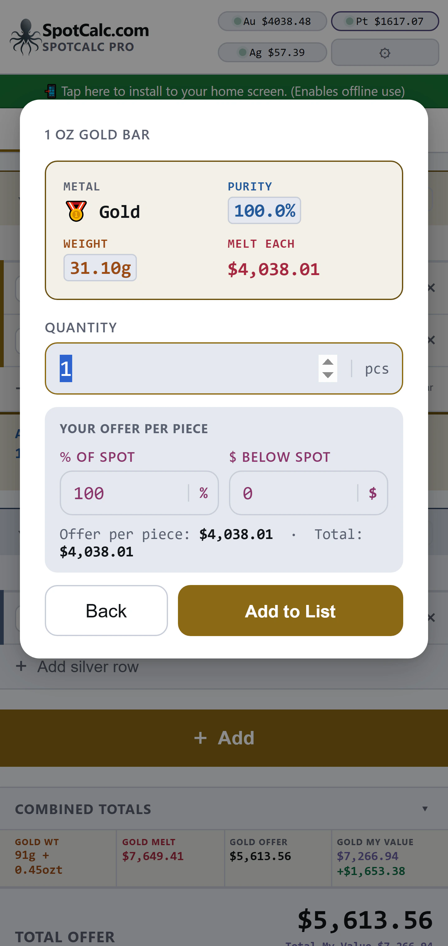 Bullion confirmation window showing stored product data, quantity, percent of spot, dollars below spot and totals
