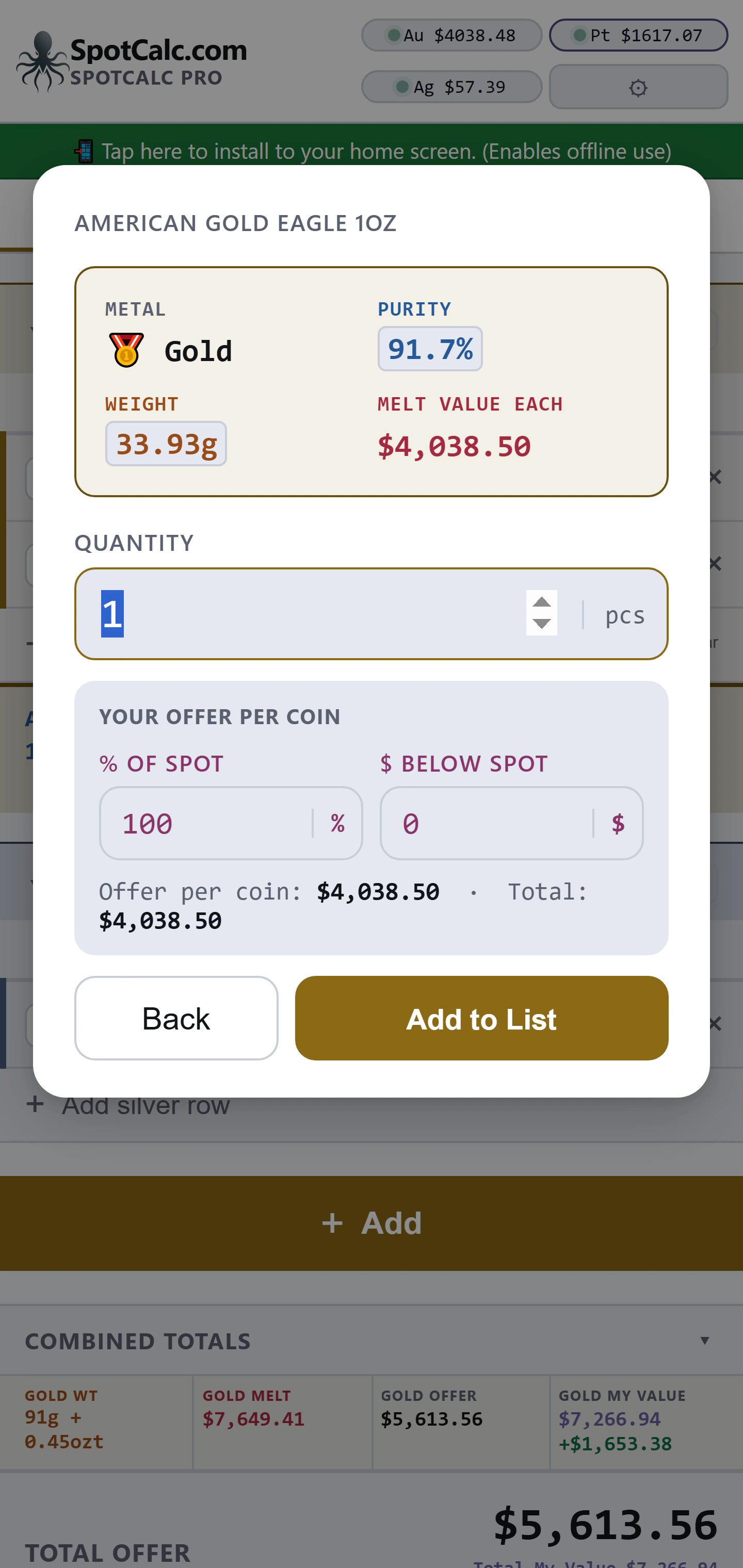 Coin confirmation window showing stored coin data, quantity, percent of spot, dollars below spot and totals