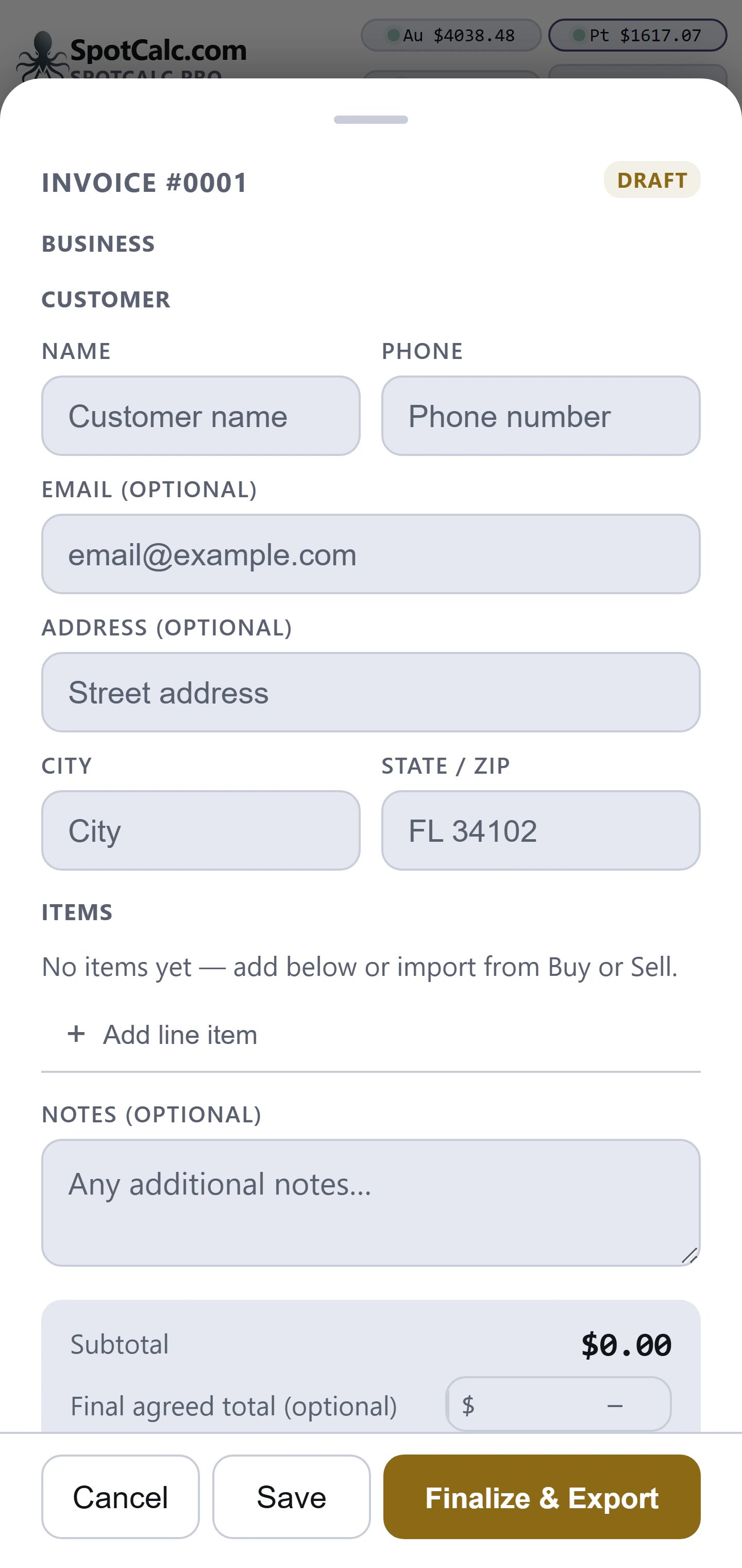 Invoice builder showing customer information, item area, notes, totals and Save and Finalize buttons