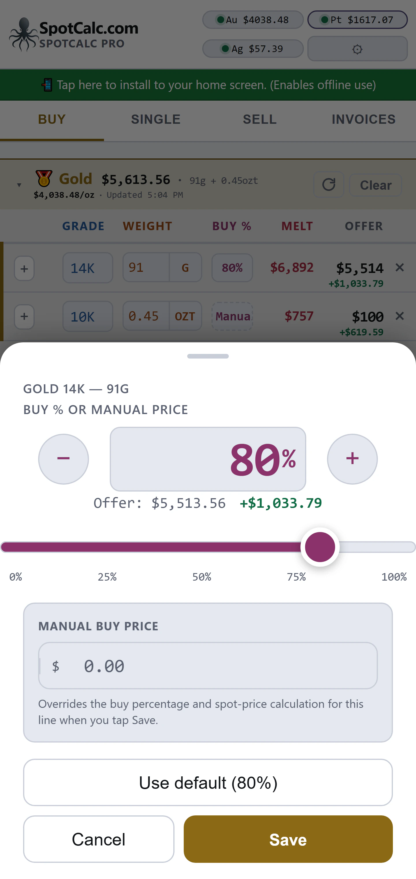 Buy item pricing window showing percentage controls, live offer and profit, manual price field and Save button