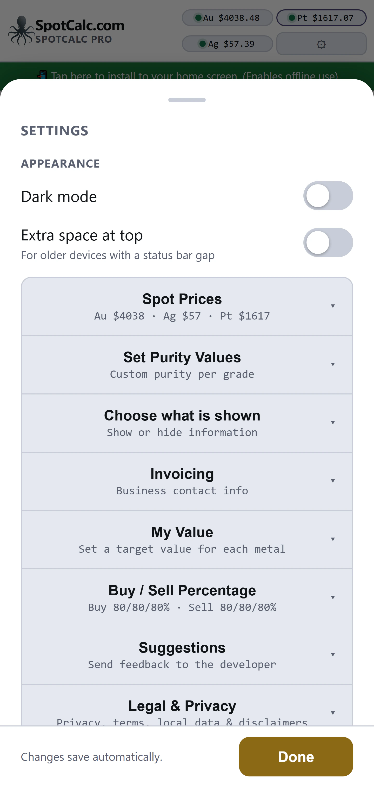 Settings window showing appearance controls and the list of settings sections